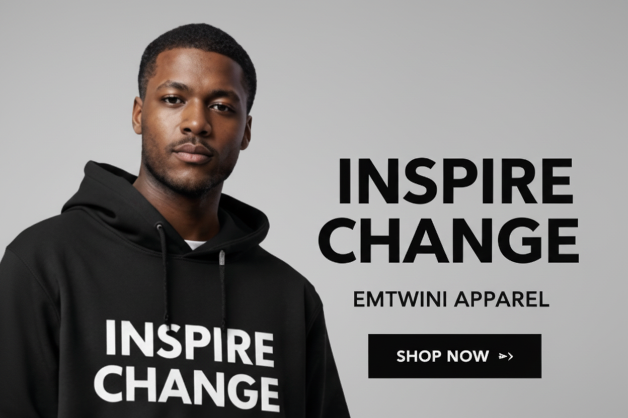 Person wearing a black hoodie with 'Inspire Change' text, promotional banner for EMTWINI Apparel.